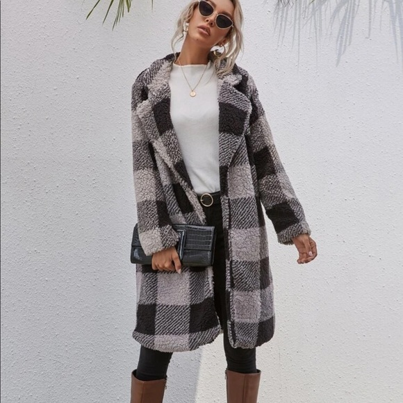 Jackets & Blazers - Teddy coat trench pea jacket plaid gray